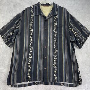 Tommy Bahama Button Up Men XXL Black Bamboo Stripe Silk Linen Camp Shirt